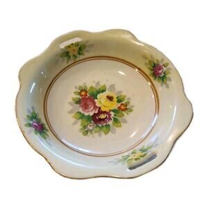 VTG Floral 6" Trinket Dish Plate Hand Painted Gold Castle Japan Mid Century Bowl